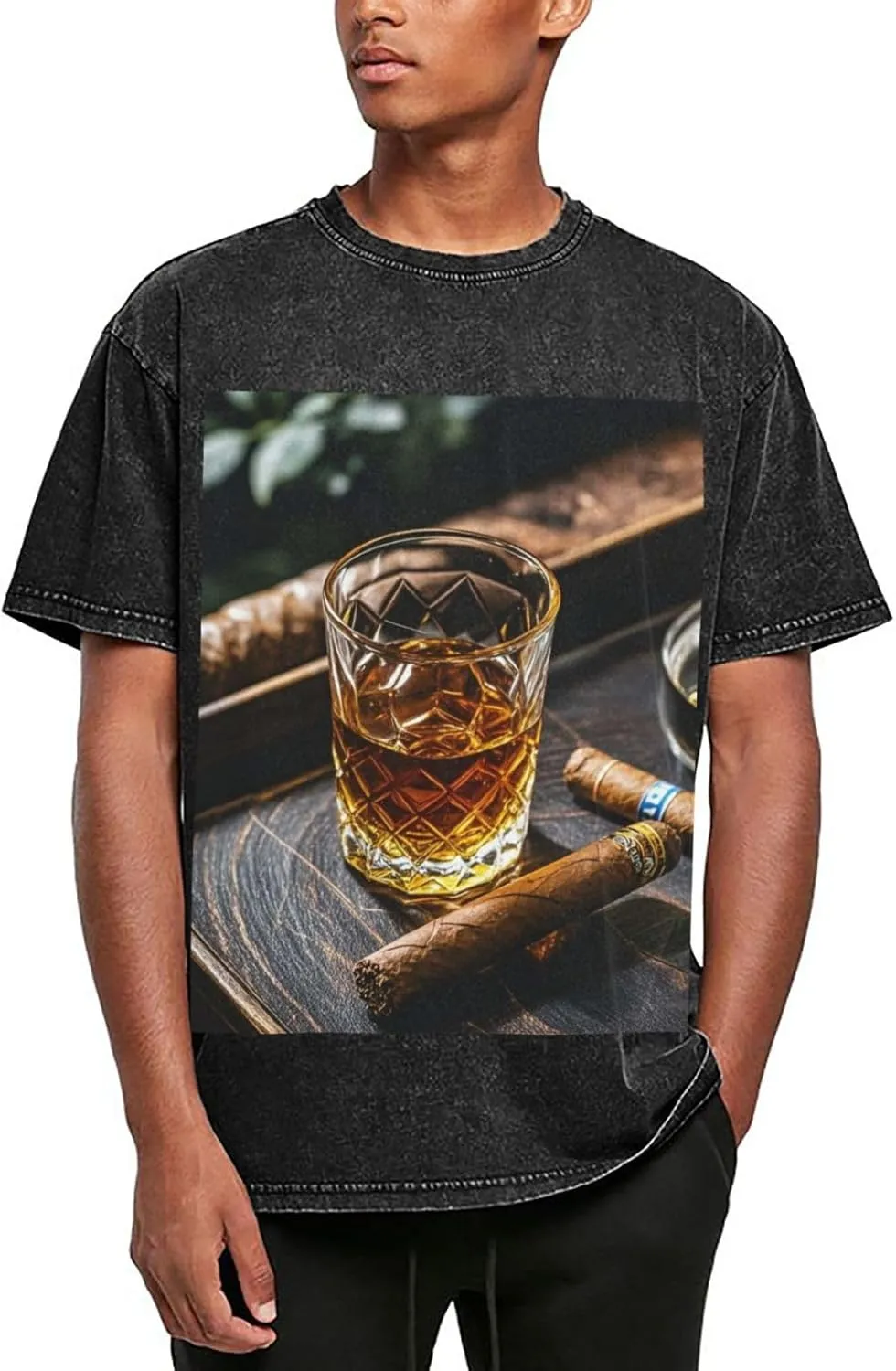 Men's Cotton T-Shirts Whisky and Cigar Short Sleeve Vintage T Shirts Casual Loose Fit Retro Tees Tops