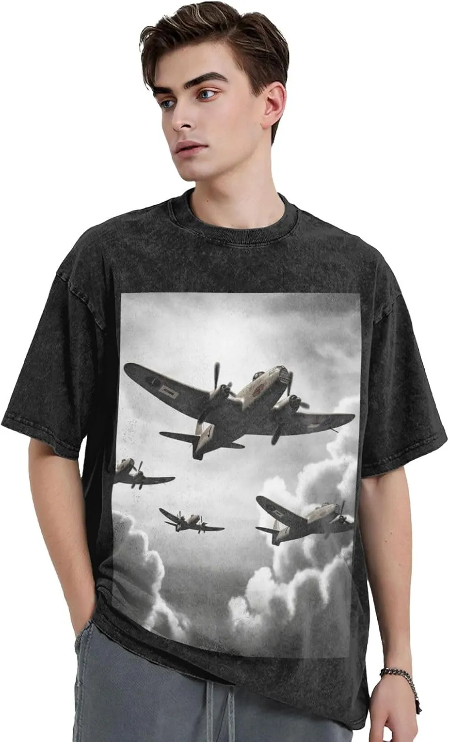 Men's Cotton T-Shirts World War 2 Short Sleeve Vintage T Shirts Casual Loose Fit Retro Tees Tops