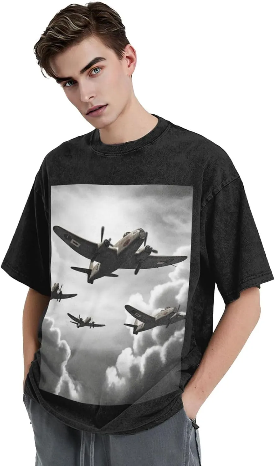 Men's Cotton T-Shirts World War 2 Short Sleeve Vintage T Shirts Casual Loose Fit Retro Tees Tops