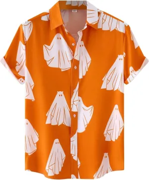Men's Ghost Printed Button Down Shirts Funny Halloween Short Sleeve Dress Shirt Casual Loose Holiday Beach Party Tops