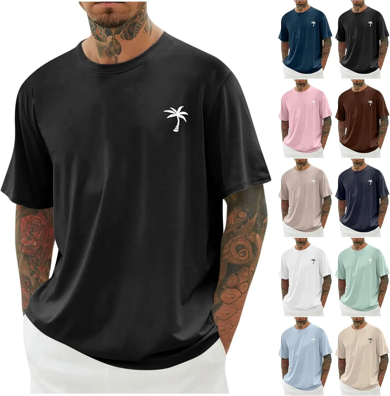 Mens Graphic T-Shirts Plus Size Summer Palm Tree Printed Tshirt Short Sleeve Casual Loose Fit Crew Neck Tee Tops