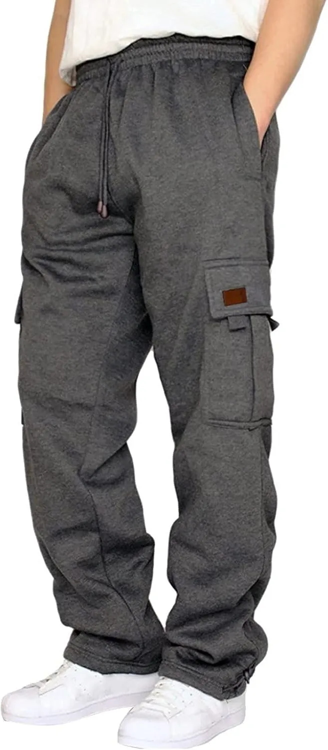 Men's Heavyweight Fleece Cargo Sweatpants Baggy Sweat Pants with Pockets Elastic Waist Drawstring Joggers Trousers