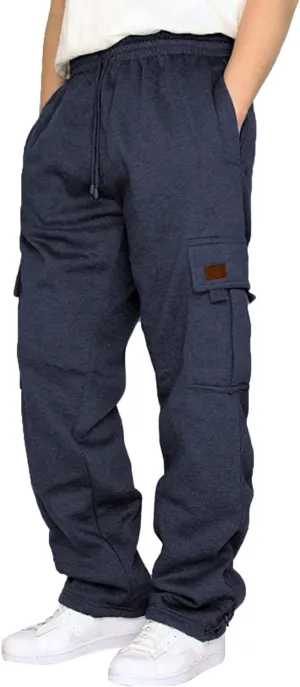 Men's Heavyweight Fleece Cargo Sweatpants Baggy Sweat Pants with Pockets Elastic Waist Drawstring Joggers Trousers