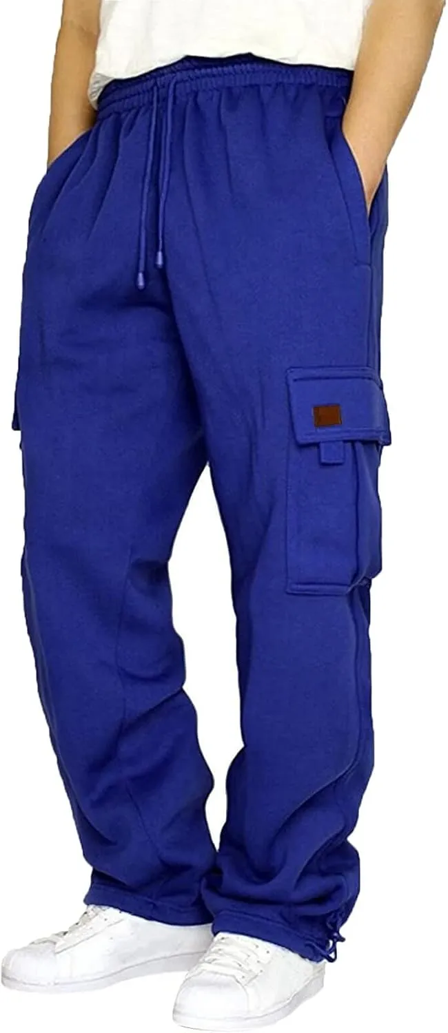Men's Heavyweight Fleece Cargo Sweatpants Baggy Sweat Pants with Pockets Elastic Waist Drawstring Joggers Trousers