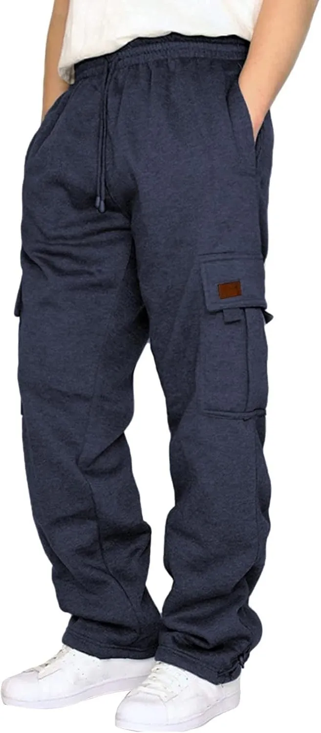 Men's Heavyweight Fleece Cargo Sweatpants Baggy Sweat Pants with Pockets Elastic Waist Drawstring Joggers Trousers