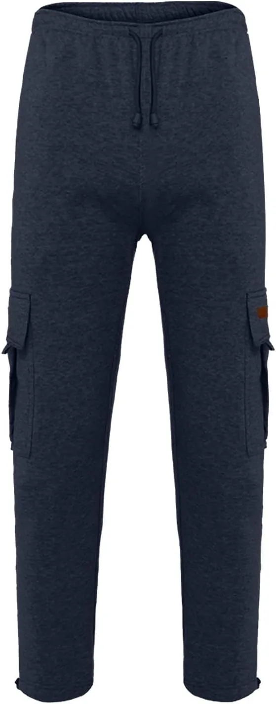 Men's Heavyweight Fleece Cargo Sweatpants Baggy Sweat Pants with Pockets Elastic Waist Drawstring Joggers Trousers