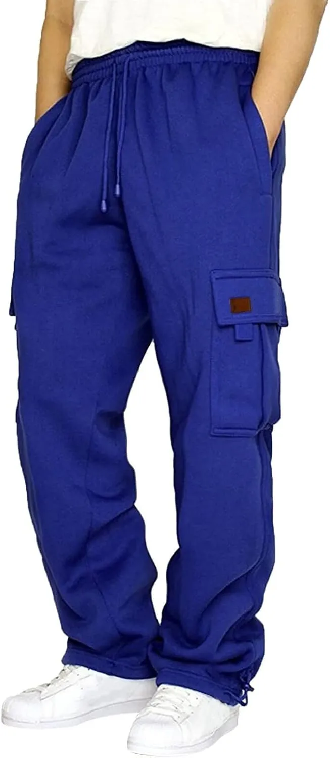 Men's Heavyweight Fleece Cargo Sweatpants Baggy Sweat Pants with Pockets Elastic Waist Drawstring Joggers Trousers