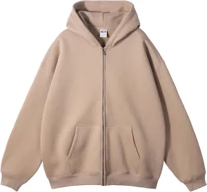 Mens Hoodie Pullover Zip Up Drop Shoulder Oversized Jacket Teens Preppy Loose Casual Fleece Drawstring Pullover Tops
