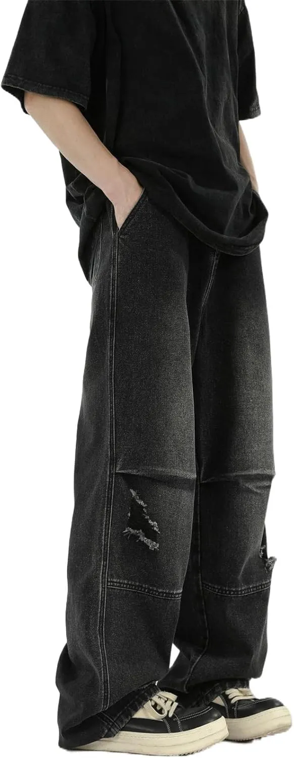 Men's Jeans Pleated Vintage Denim Loose Fit Straight Leg Summer Pants