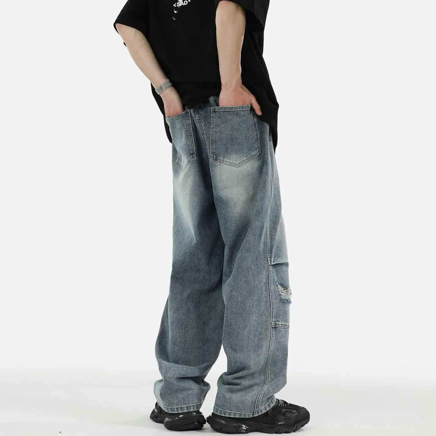 Men's Jeans Pleated Vintage Denim Loose Fit Straight Leg Summer Pants
