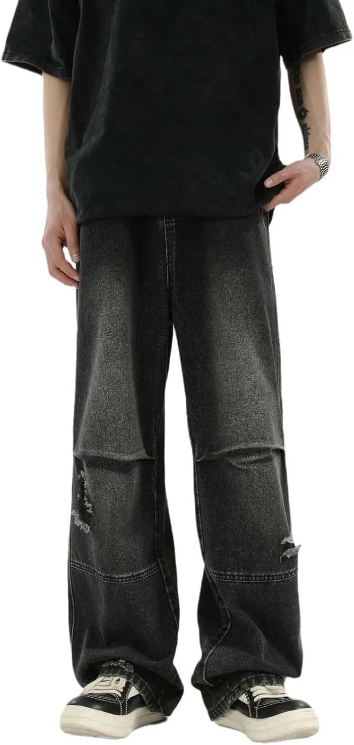Men's Jeans Pleated Vintage Denim Loose Fit Straight Leg Summer Pants