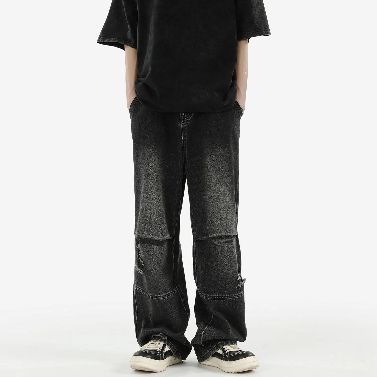 Men's Jeans Pleated Vintage Denim Loose Fit Straight Leg Summer Pants