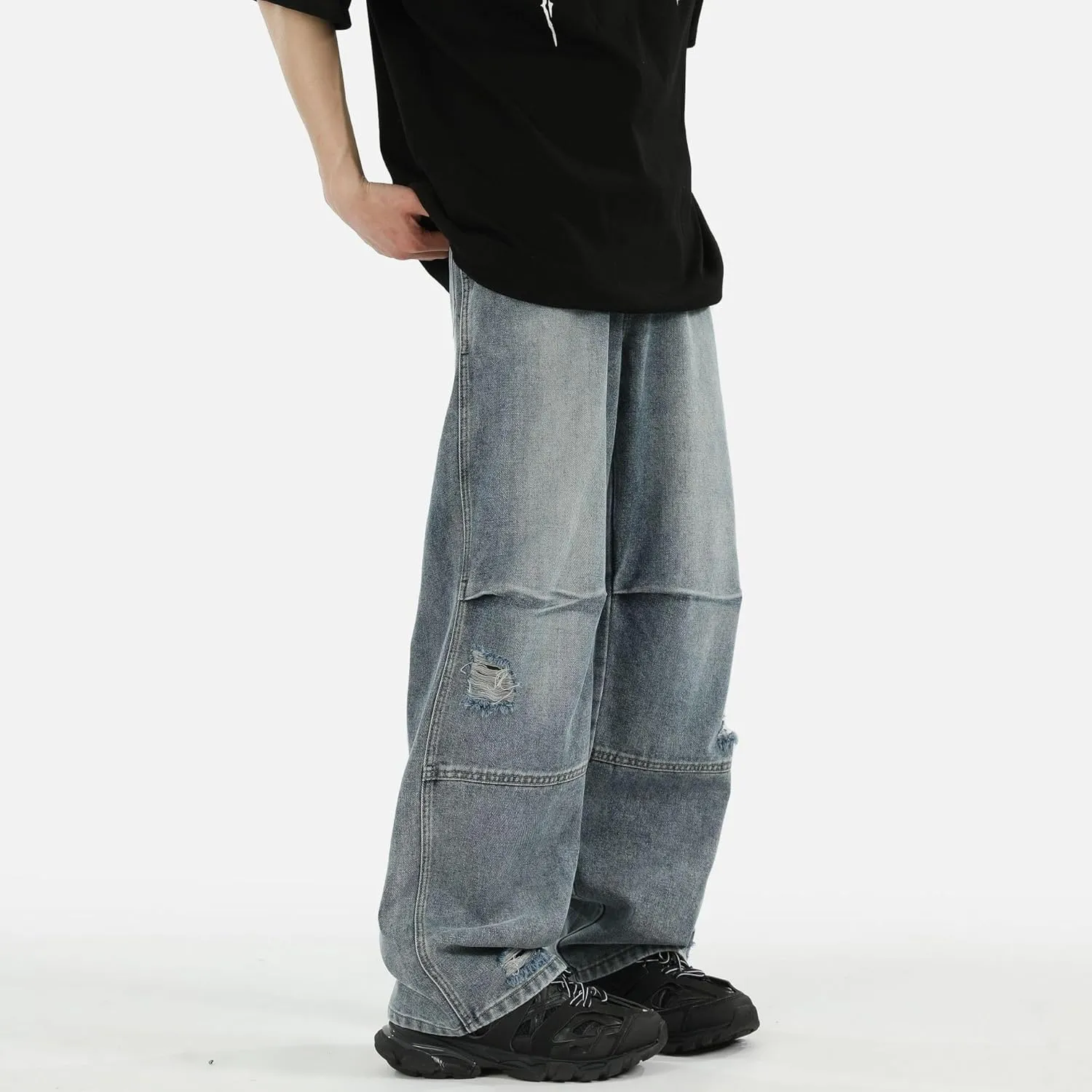 Men's Jeans Pleated Vintage Denim Loose Fit Straight Leg Summer Pants