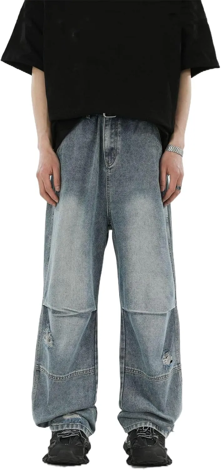 Men's Jeans Pleated Vintage Denim Loose Fit Straight Leg Summer Pants