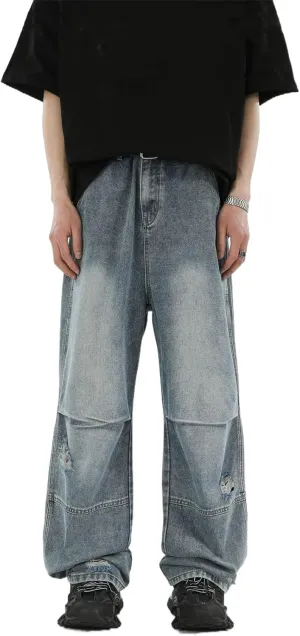 Men's Jeans Pleated Vintage Denim Loose Fit Straight Leg Summer Pants