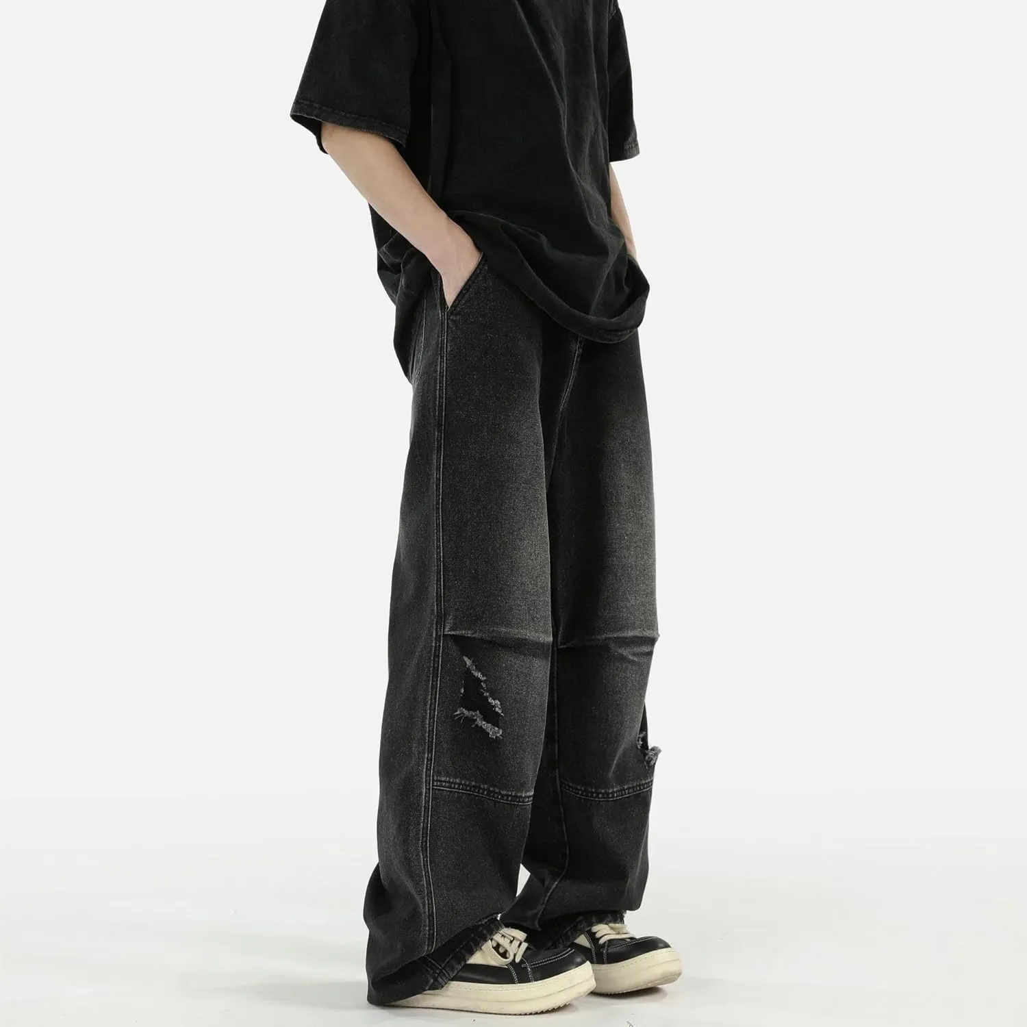 Men's Jeans Pleated Vintage Denim Loose Fit Straight Leg Summer Pants