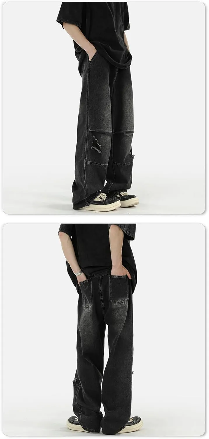 Men's Jeans Pleated Vintage Denim Loose Fit Straight Leg Summer Pants