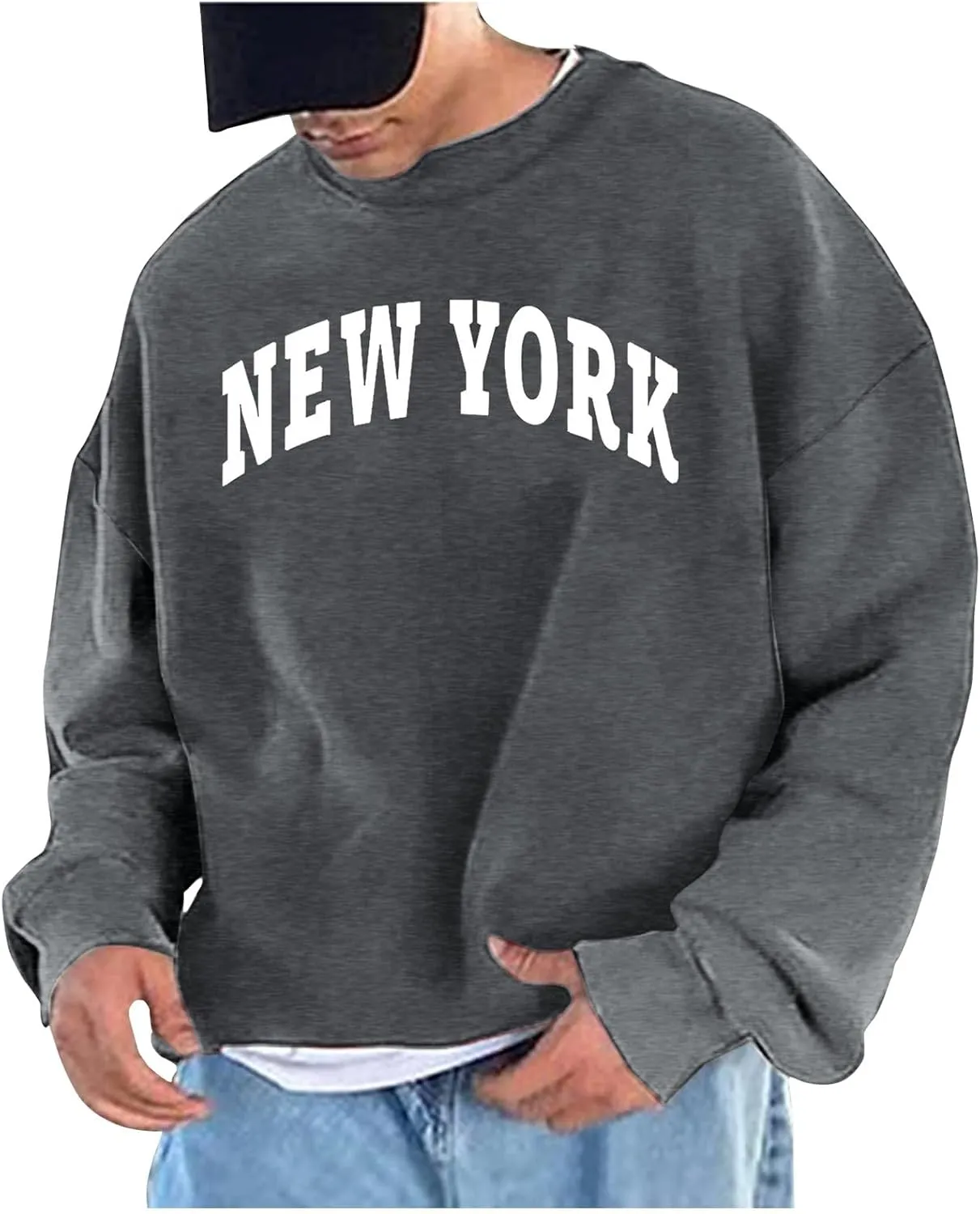 Men's Letter Graphic Print Pullover Crewneck New York Sweatshirt Casual Long Sleeve Tops Oversized Streetwear