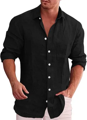 Men's Linen Button Down Shirt Long Sleeve Loose Fit Solid Color Summer Beach Casual Top Pocket Smart Office Work Dress Shirt