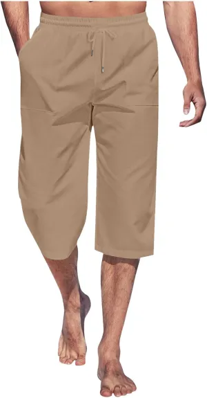 Mens Linen Capri Pants Elastic Waist Casual Pocket Joggers Lightweight Summer Relaxed Fit Beach Yoga Pants