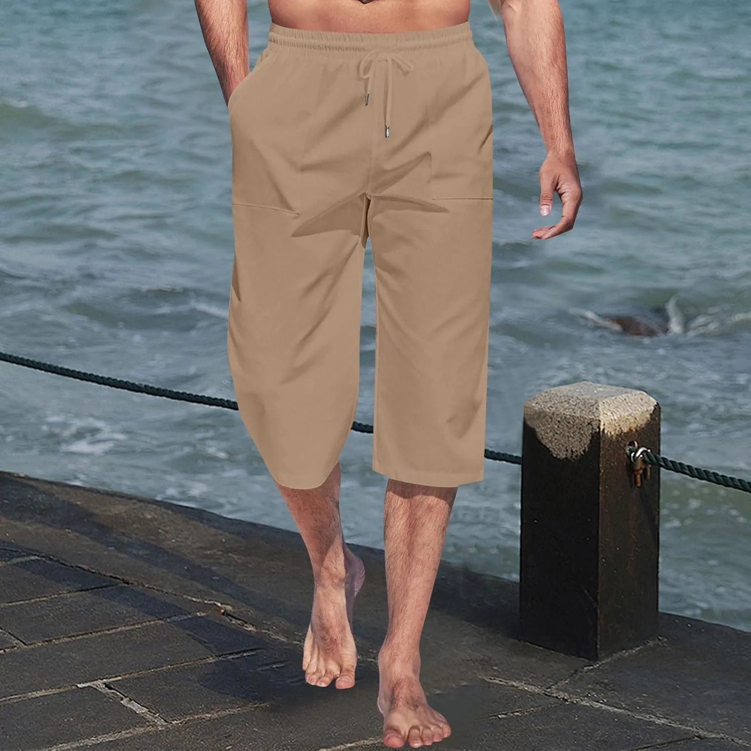 Mens Linen Capri Pants Elastic Waist Casual Pocket Joggers Lightweight Summer Relaxed Fit Beach Yoga Pants