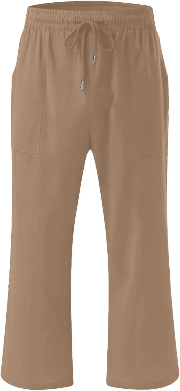 Mens Linen Capri Pants Elastic Waist Casual Pocket Joggers Lightweight Summer Relaxed Fit Beach Yoga Pants