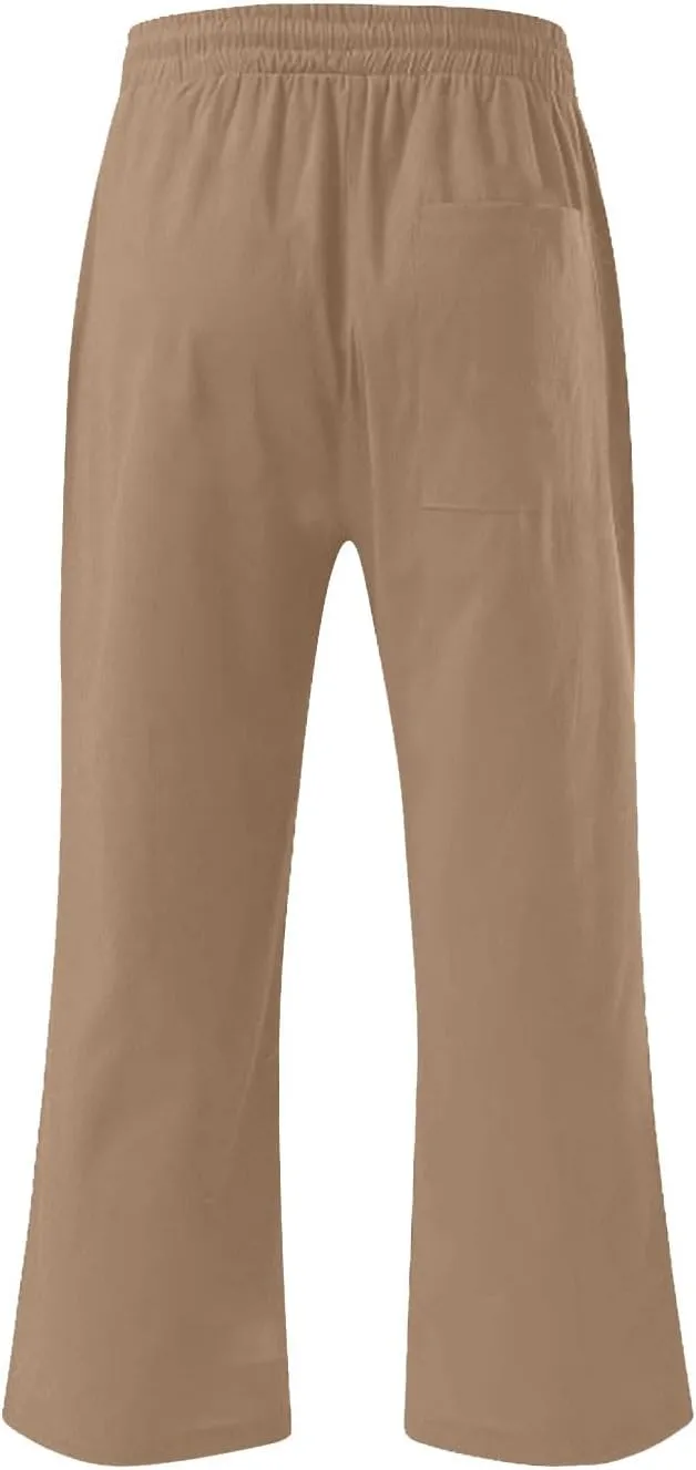 Mens Linen Capri Pants Elastic Waist Casual Pocket Joggers Lightweight Summer Relaxed Fit Beach Yoga Pants