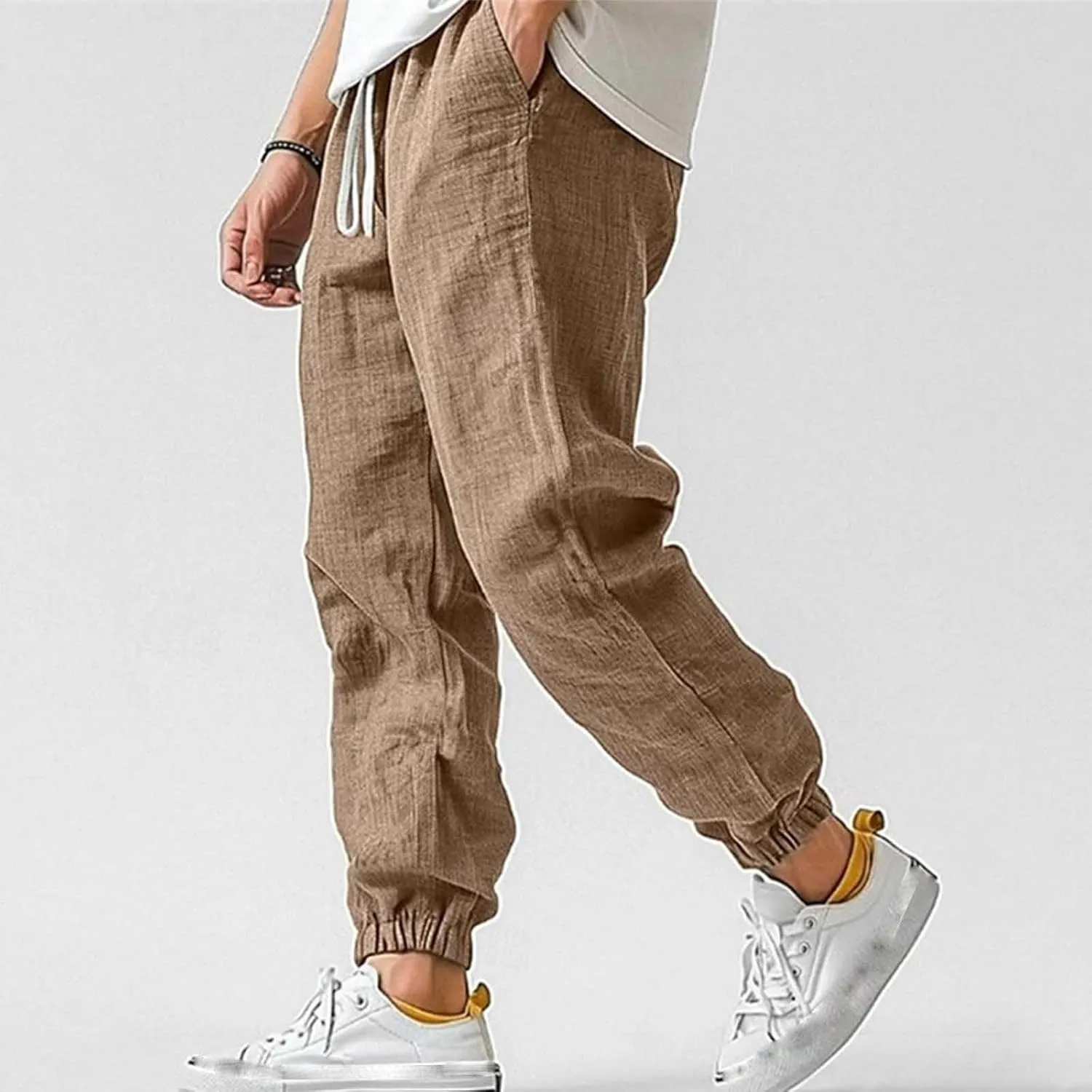 Men's Linen Pants for Summer Straight Leg Comfy Fit Baggy Cropped Solid Trouser Slacks Summer with Pockets