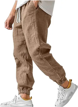 Men's Linen Pants for Summer Straight Leg Comfy Fit Baggy Cropped Solid Trouser Slacks Summer with Pockets