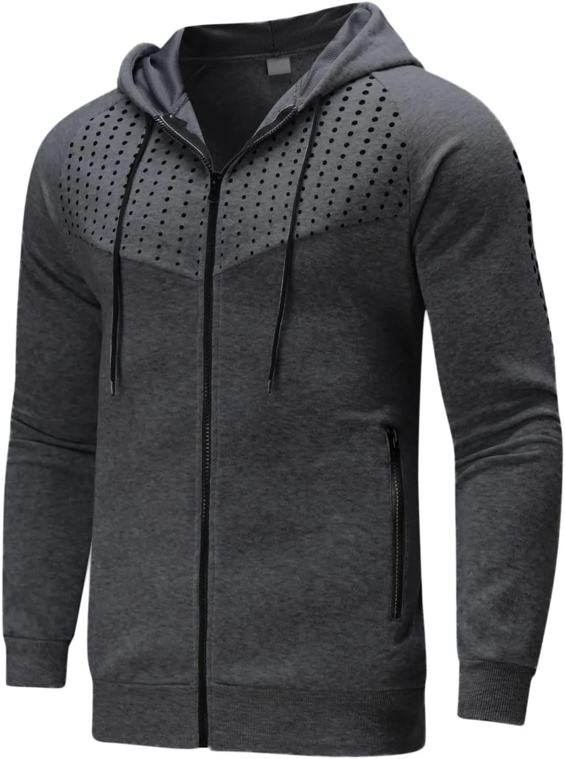 Men's Long Sleeve Hoodie Jacket Dot Printed Zip Up Solid Color Coat Casual Stylish Sport Outwear with Pocket