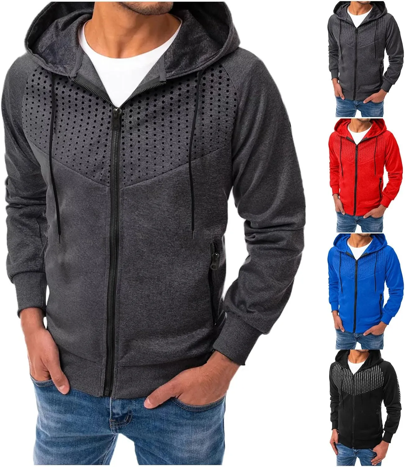 Men's Long Sleeve Hoodie Jacket Dot Printed Zip Up Solid Color Coat Casual Stylish Sport Outwear with Pocket