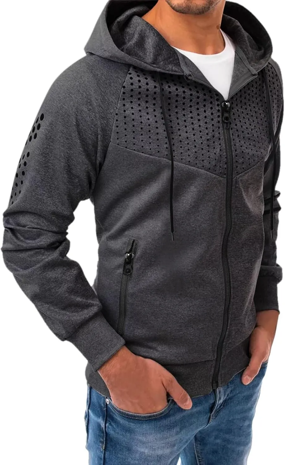 Men's Long Sleeve Hoodie Jacket Dot Printed Zip Up Solid Color Coat Casual Stylish Sport Outwear with Pocket