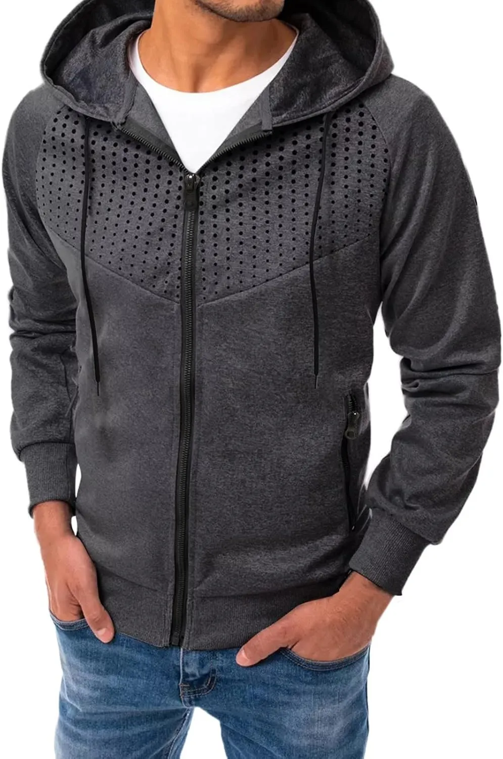 Men's Long Sleeve Hoodie Jacket Dot Printed Zip Up Solid Color Coat Casual Stylish Sport Outwear with Pocket