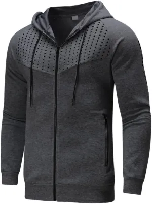 Men's Long Sleeve Hoodie Jacket Dot Printed Zip Up Solid Color Coat Casual Stylish Sport Outwear with Pocket
