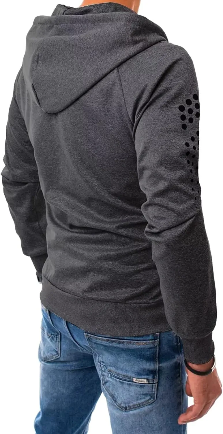 Men's Long Sleeve Hoodie Jacket Dot Printed Zip Up Solid Color Coat Casual Stylish Sport Outwear with Pocket