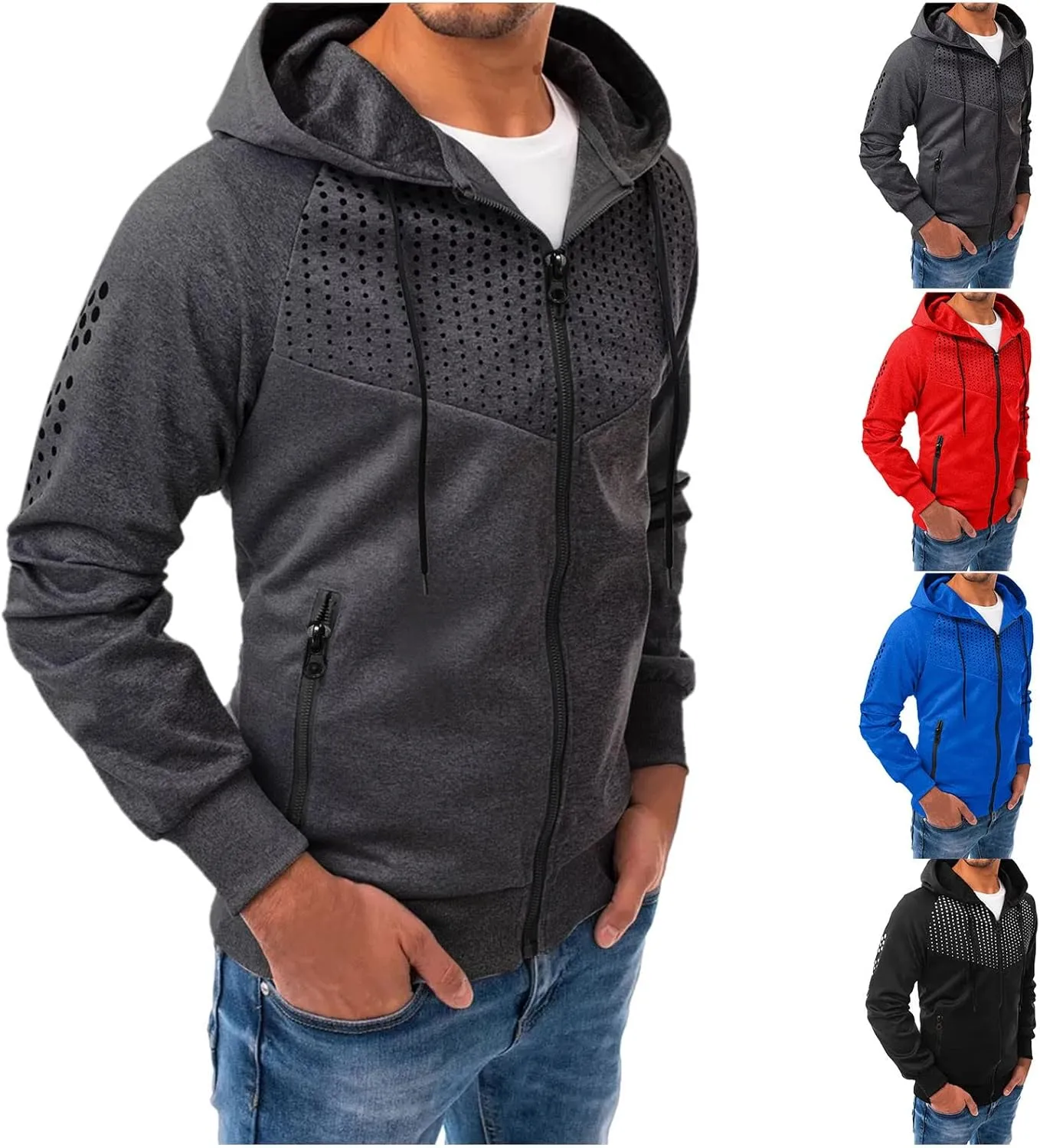 Men's Long Sleeve Hoodie Jacket Dot Printed Zip Up Solid Color Coat Casual Stylish Sport Outwear with Pocket