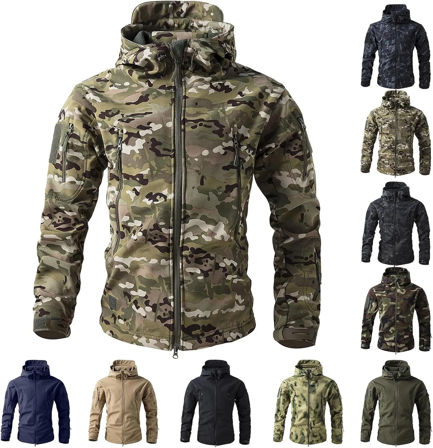 Men's Military Tactical Jackets Camo Hooded Softshell Jacket Outdoor Hunting Hiking Coat Winter Waterproof Windbreaker