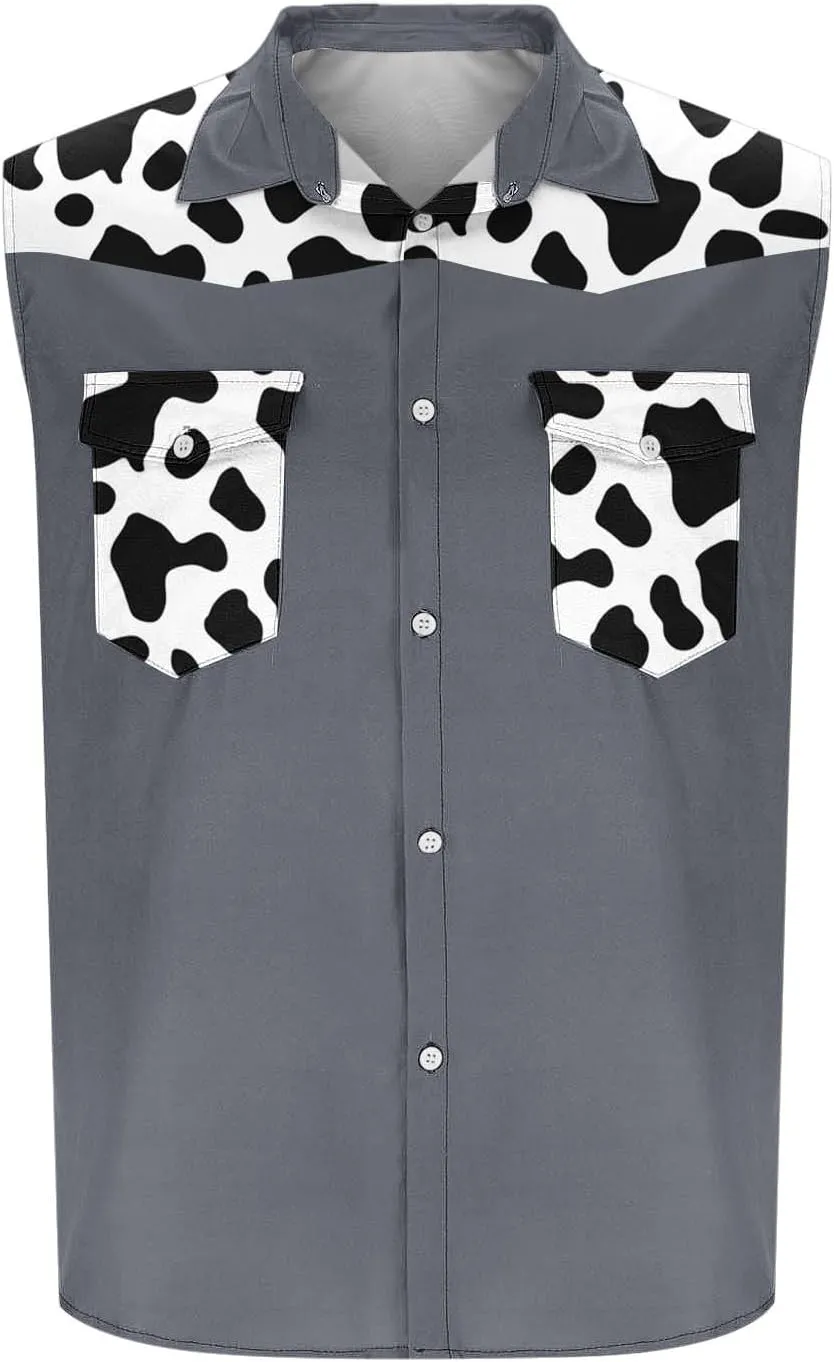 Men's Novelty Cow Printed Workout Casual Tank Top Casual Sleeveless Button Down Graphic Muscle Beach Shirts