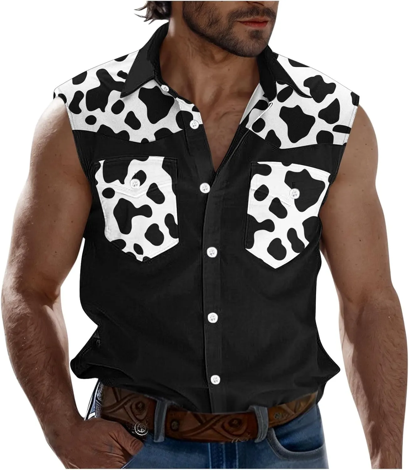 Men's Novelty Cow Printed Workout Casual Tank Top Casual Sleeveless Button Down Graphic Muscle Beach Shirts