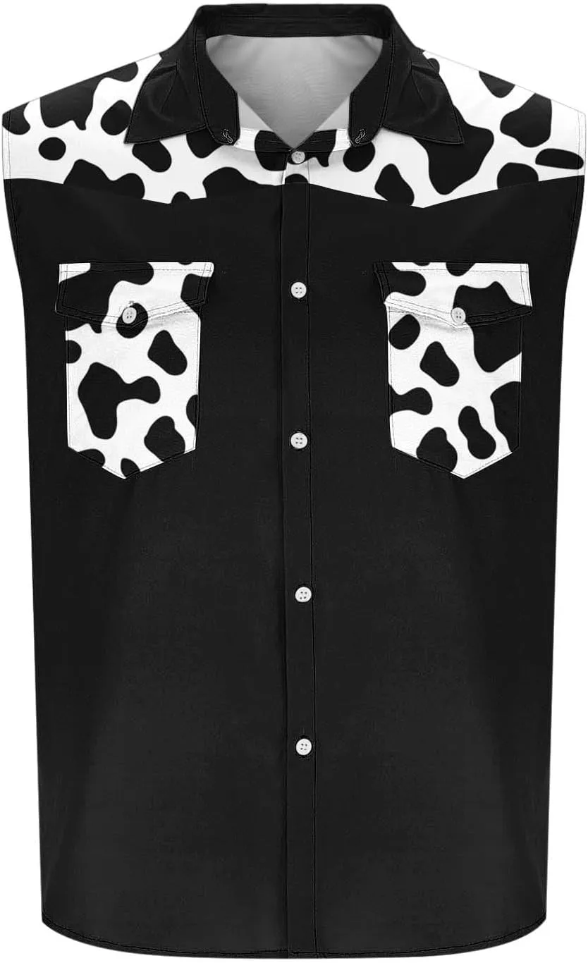Men's Novelty Cow Printed Workout Casual Tank Top Casual Sleeveless Button Down Graphic Muscle Beach Shirts