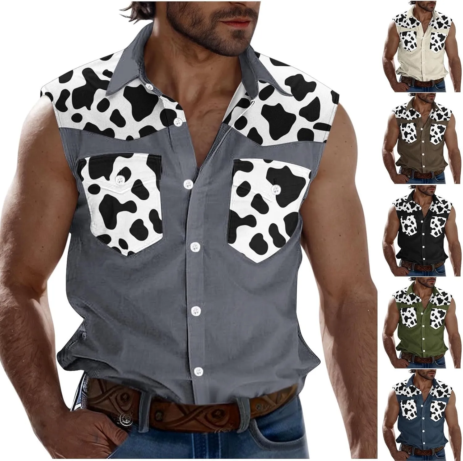 Men's Novelty Cow Printed Workout Casual Tank Top Casual Sleeveless Button Down Graphic Muscle Beach Shirts