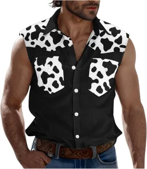 Men's Novelty Cow Printed Workout Casual Tank Top Casual Sleeveless Button Down Graphic Muscle Beach Shirts