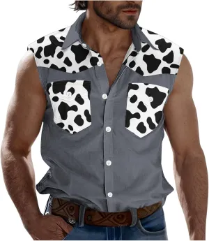 Men's Novelty Cow Printed Workout Casual Tank Top Casual Sleeveless Button Down Graphic Muscle Beach Shirts