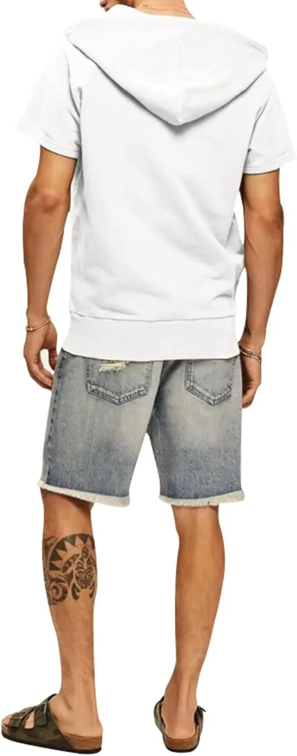 Men's Short Sleeve Hoodies T-Shirt Athletic Workout Muscle Tops Hip Hop Street Hooded Shirts Summer Solid Color Tees