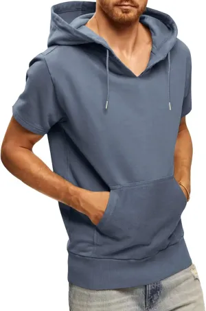 Men's Short Sleeve Hoodies T-Shirt Athletic Workout Muscle Tops Hip Hop Street Hooded Shirts Summer Solid Color Tees