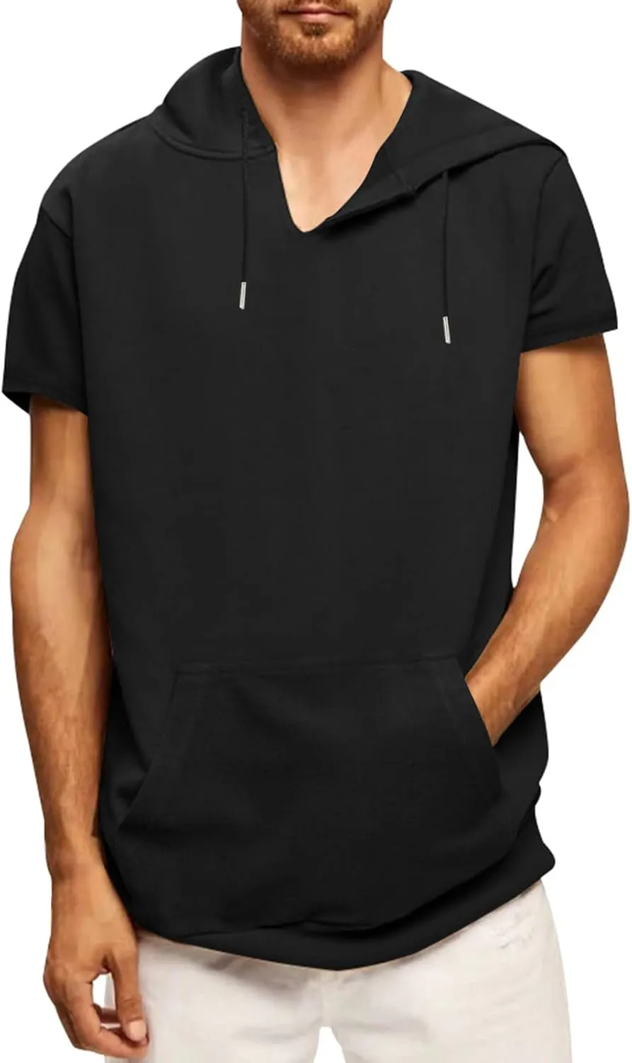 Men's Short Sleeve Hoodies T-Shirt Athletic Workout Muscle Tops Hip Hop Street Hooded Shirts Summer Solid Color Tees