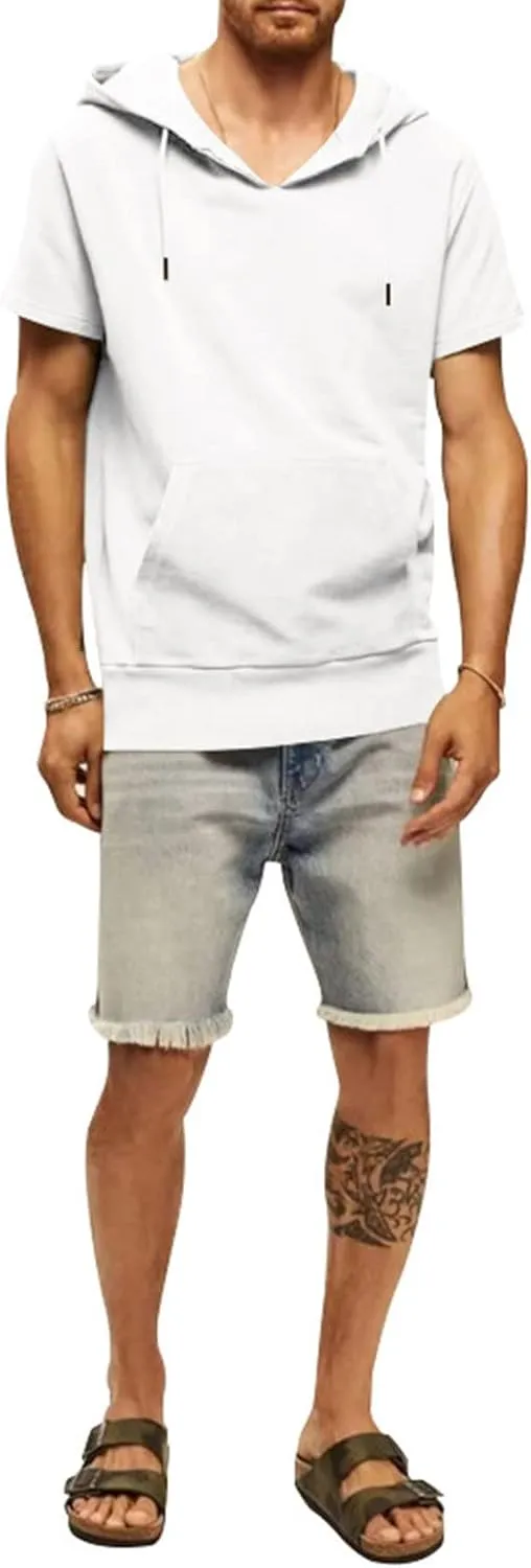 Men's Short Sleeve Hoodies T-Shirt Athletic Workout Muscle Tops Hip Hop Street Hooded Shirts Summer Solid Color Tees