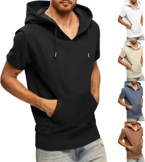 Men's Short Sleeve Hoodies T-Shirt Athletic Workout Muscle Tops Hip Hop Street Hooded Shirts Summer Solid Color Tees