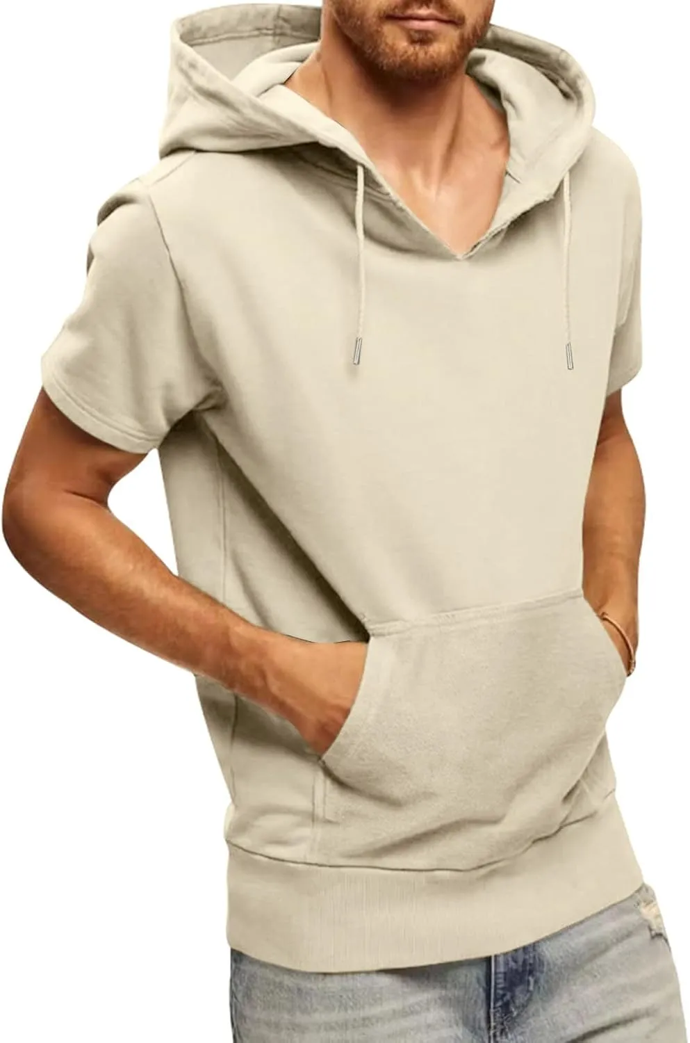Men's Short Sleeve Hoodies T-Shirt Athletic Workout Muscle Tops Hip Hop Street Hooded Shirts Summer Solid Color Tees