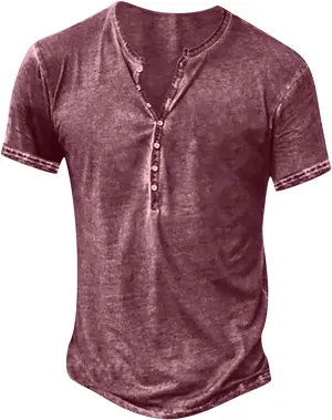Mens Summer Cotton T-Shirts Loose Short Sleeve Casual Crew Neck Solid Color Blouse Fashion Button Athletic Tops